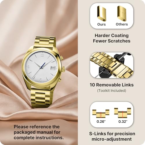 Image of Fullmosa Stainless Steel Watch Band 16mm 18mm 19mm 20mm 22mm 24mm, Quick Release Metal Replacement Strap with Removable Links, Includes Spring Bars & Link Removal Tool for Men Women (18mm, Golden)
