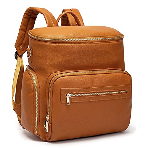 Image of Ezgnuk Leather Diaper Bag Backpack, Travel Back Pack,Large Capacity Maternity Baby Nappy Organizer with USB Charging Port… (Dark brown)