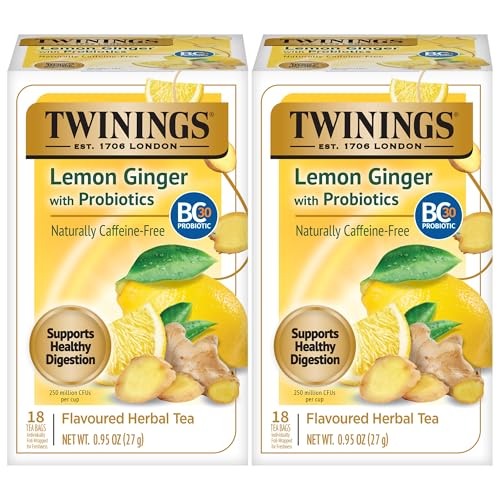 Image of Twinings Superblends Probiotics+ Lemon & Ginger Flavoured Herbal Tea with Turmeric, Caffeine-Free, 18 Count (Pack of 2), Enjoy Hot or Iced, 18 Teabags