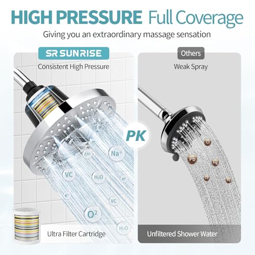 Image of SR SUN RISE Filtered Shower Head with Filters, 20-Stage Shower Head Filter for Hard Water, Fixed Showerhead with Easy-Replace Cartridge to Remove Chlorine & Heavy Metals (7-Inch, Chrome)