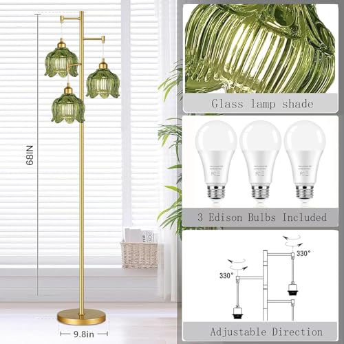 Image of QIYIZM Gold Floor Lamp for Living Room,Bedroom,Mid Century Modern Standing Lamp Brass Tree 3 Light Tall Floor Lamps Vintage Retro Floor Lights Glass Green Flower Lamp Shade Farmhouse Boho Bohemian