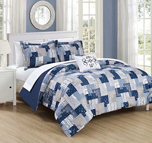 Chic Home Utopia 4 Piece Reversible Duvet Cover Set Patchwork Bohemian Paisley Print Design Bedding-Decorative Pillow Shams Included, Queen, Blue #TOP3