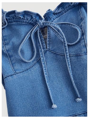 WDIRARA Women's Runched Tie Front Mini Denim Dress Ruffle Sleeveless Bodycon Cami Dresses3