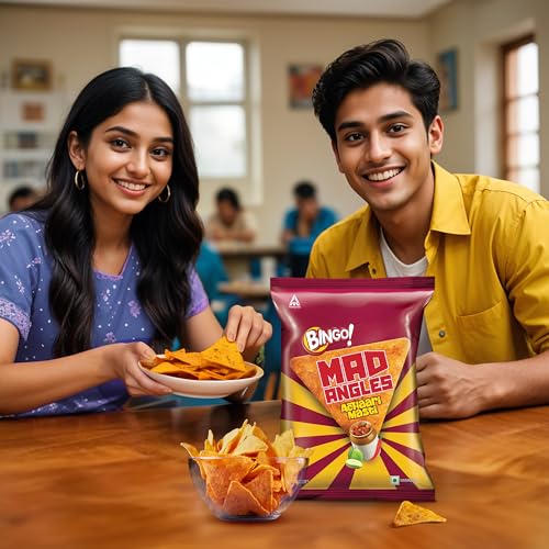 Image of Bingo! Mad Angles Achaari Masti - Desi Mango Pickle Flavour Crunchy Triangle Chips | Tasty Snack for Any Time Cravings, 64g /60g (weight May Vary) (Pack of 2)