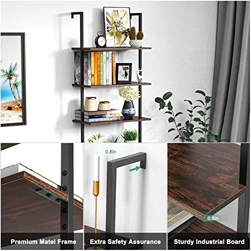 Ladder Shelf Bookshelf, 5 Tier Wall-Mounted Industrial Ladder Bookcase, Open Wood Storage Organizer with Metal Frame, Utility Rack Plant Stand for Living Room, Kitchen, Office