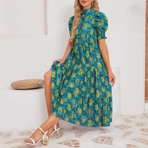 Image of Kedera Women Summer Casual Maxi Dress Trendy 2026 Puff Short Sleeve V Neck Ruffle Tiered Flowy Boho Beach Long Dresses