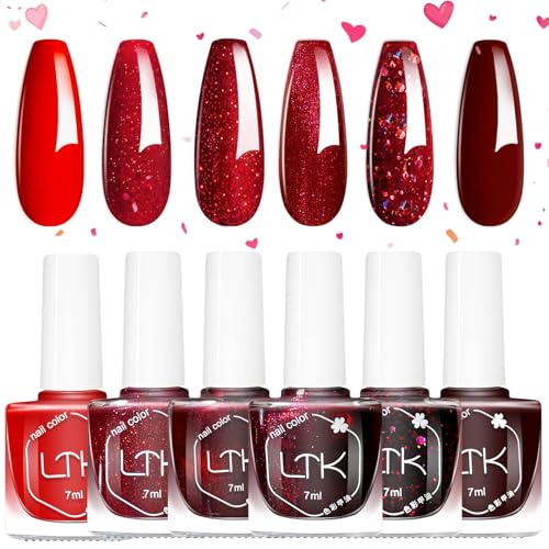 DMQ Red Nail Polish Set, 6Pcs Quick Drying Nail Varnish Kit - Bloody Mary Red Burgundy Shimmer Glitter Nail Paint Gel, Long Lasting Glossy Nail Art Varnish for Women Christmas DIY Nail Art Home