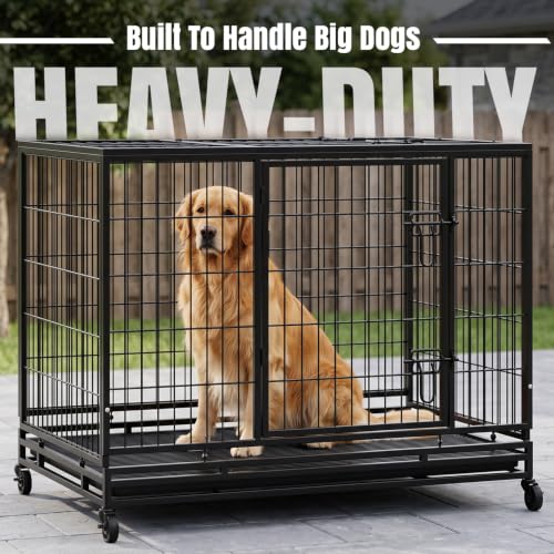 Image of Dog Crate Cage for Large Dogs Heavy Duty 48 /42 /36Inches Dog Kennel Pet Playpen for Training Indoor Outdoor with Plastic Tray Double Doors & Locks Design (42 inch)