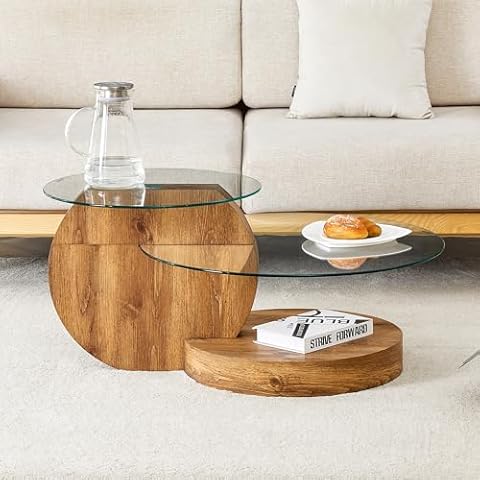 35.4" Glass Coffee Table, Round Glass Coffee Table for Living Room with Wood Wooden Base, Mid-Century Modern 3-Tier Circle Coffee Table with Storage Clear Cocktail Table for Small Space Cover