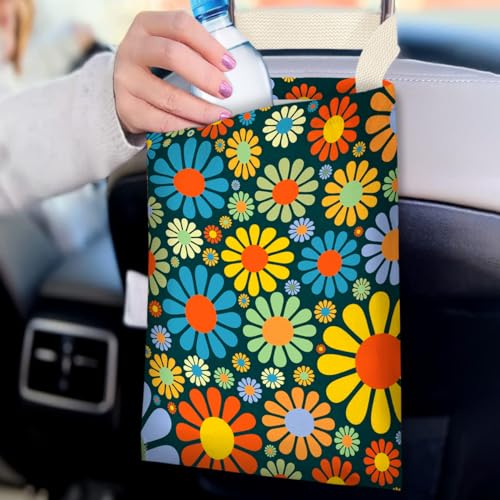 Image of Car Trash Bag Hanging No Snap Small Garbage Bag for Car Back Seat Cute Printed One-handed Strap Trash Bags Car Accessories-Hippie Flower Car Trash Bags