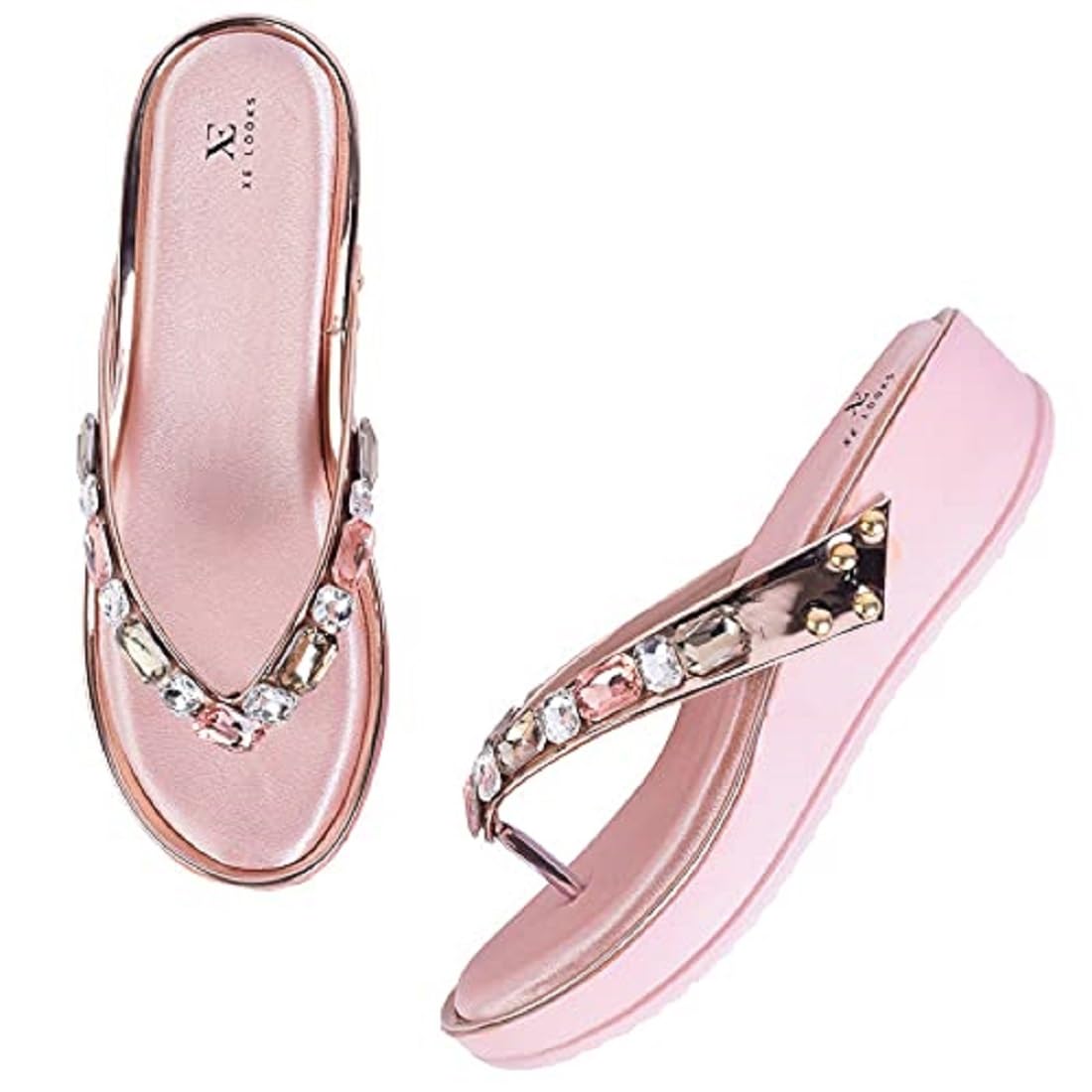 XE Looks Women’s Pearl Wedge Slippers | Embellished Design Slip-On Sandals for Girls | Cushioned Footbed & Anti-Skid Sole | Stylish & Trendy Platform Heels for Casual Wear