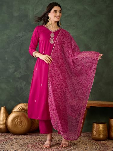 Image of Naixa Women's Rayon Cotton Lining Embroidered Straight Kurta with Pant and Dupatta Sets (NX-470)