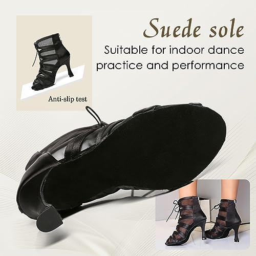 Women's Ballroom Ankle Dance Boots Lace-up Open-Toe Practice Latin Salsa Dancing Boots,Model YC-L444-Suede Sole-3.33” Heel3