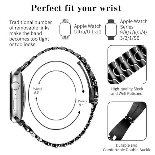 Thin Metal Band Compatible with Apple Watch Band 38mm 40mm 41mm 42mm 44mm 45mm 49mm, Dressy Stainless Steel Chain Strap, Slim Fancy iWatch Band with Case for Women Men