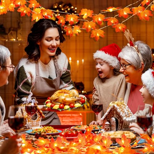 OCATO 4PCS Fall Decor Thanksgiving Decorations for Home Table, Fall Leaves Garland Lights 40FT 80LED Halloween Decorations Indoor Outdoor Fall Home Room Decor Autumn Harvest Party Wedding Decorations