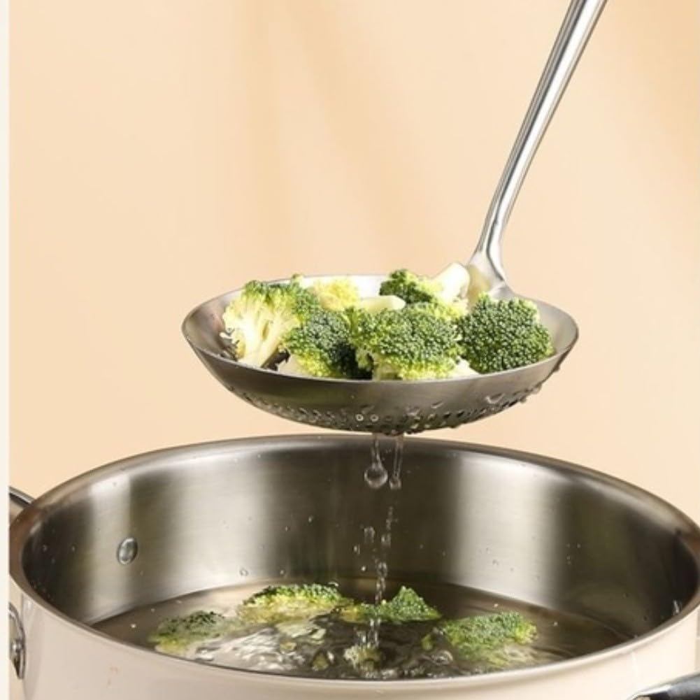Großer Sieblöffel aus 304 Edelstahl mit langem für griff, feinmaschiges Küchensieb zum Abtropfen von Nudeln und Gemüse, hitzebeständiger Schaumlöffel für Frittieren und Kochen,(18CM)