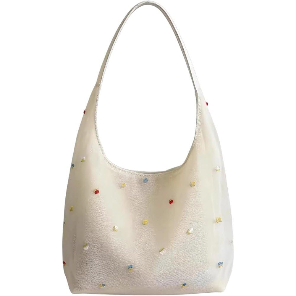 Sslvya Gauze Floral Embroidery Tote Bag for Women Underarm Bag Elegant Handbag Chic Shoulder Bag for Shopping Travel
