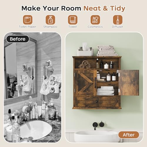 Image of Bathroom Wall Cabinet, Wall Mounted Medicine Cabinet 24.4 inchH x 23.6 inchW x 9 inchD | With Drawer, Barn Doors & Adjustable Shelf, Rustic Brown Over Toilet Farmhouse Cabinet for Kitchen, Laundry Room, Entryway