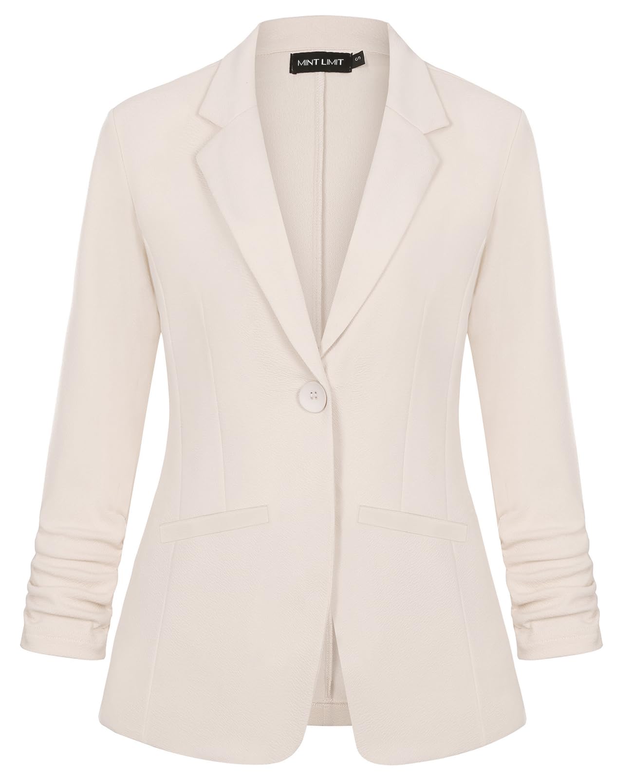 MINTLIMIT Womens Casual Blazer 3 4 Ruched Sleeve Open Front Button Work Office Blazer Jackets with Pockets