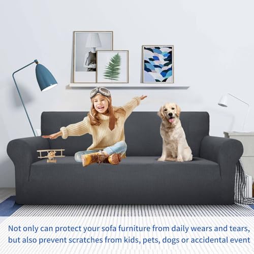 MAXIJIN Super Stretch Couch Cover for 3 Cushion Couch, 1-Piece Universal Sofa Covers Living Room Jacquard Spandex Furniture Protector Dogs Pet Friendly Fitted (Large, Gray) - Thumbnail 2