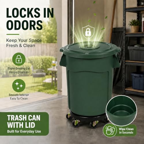 Image of 20 Gallon Outdoor Trash Can with Lid and Wheels, 1 Pack-Green | Garbage Can with 4 Wheels, Rolling Trash Can for Garage / Backyard / Kitchen / Patio / Office / Cafe / Warehouse