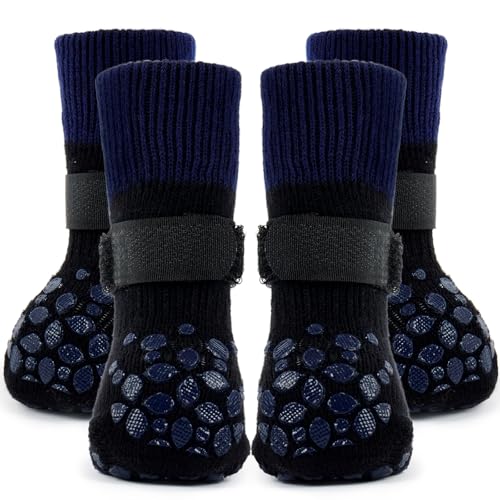 Image of ROZKITCH 2 Pairs Double Side Anti Slip Dog Socks Paws Stop Licking, Paw Protectors Warm Socks Anti Chew Dog Paw Covers Stretchy Grip Socks for Senior Dogs Outdoor Labrador Retriever Blue XL