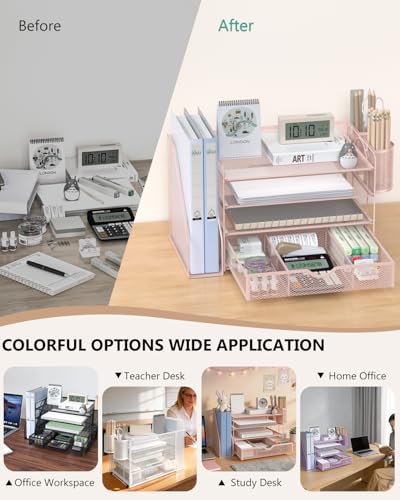 Image of WALI Desk File Organizer, 4 Tier Desktop Paper Letter Tray Organizer with Drawer and 2 Pen Holders, Office Desk Accessories & Workspace Organizers for Office, Home Supplies(DO005DH-P), 1 Pack, Pink