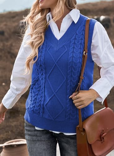Image of EVALESS Oversized Sweater Vest for Women V Neck Sleeveless Cable Knit Tops