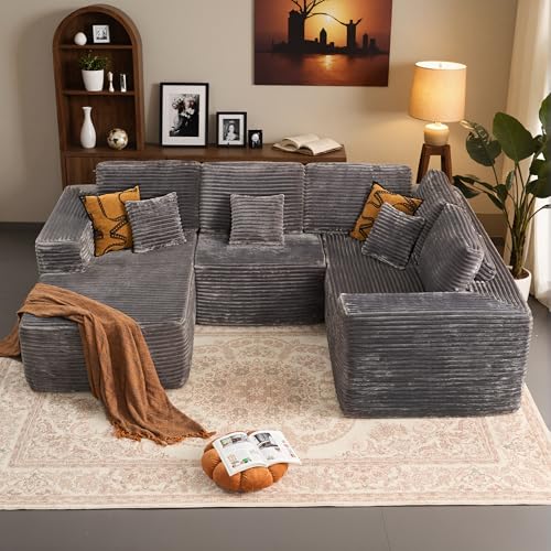 Image of HOOOWOOO Cloud Sectional Couches for Living Room,Modular Sectional Sofa No Assembly,110X79 Inch Plush Corduroy Large U Shaped Floor Couch Set with Deep Seat Chaise(Gray)