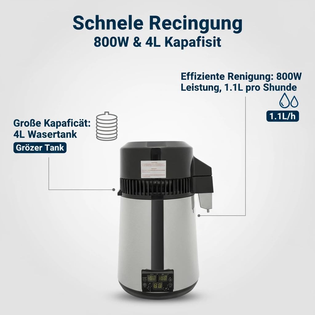 Wasserdestilliergerät 800W Edelstahl 4L Destillierer mit Automatischer Abschaltung