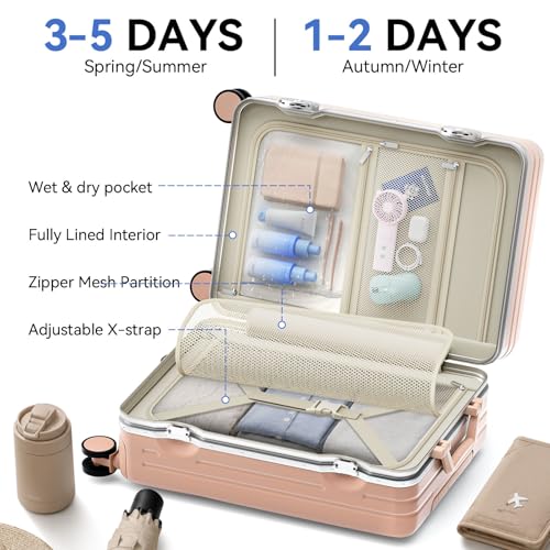 Image of Carry On Luggage, Hardside Zipperless Suitcase, Light Pink, 20 in | Airline Approved, Aluminum Frame, TSA Lock, 360Spinner Wheels, PC, Charger Port, Cup and Phone Holder, Side Hook