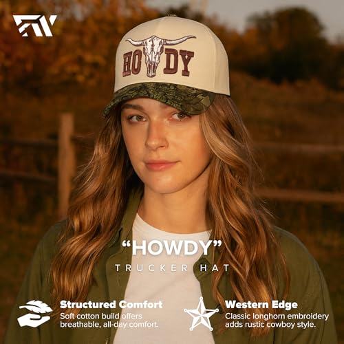 Image of Country Trucker Hat - Western Snapback Baseball Cap - Vintage Embroidered Hat for Men & Women