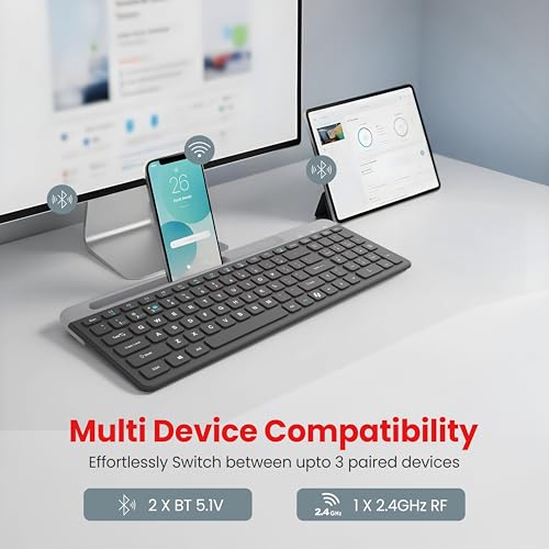 Image of LAPCARE Readmii 2.4GHz Wireless & Bluetooth 5.1 Rechargeable Keyboard with AI Assistant Key, Type-C Charging, Multi-Device Connection (2 Devices), Full Size with Numpad, 10m Range (Black & Grey)