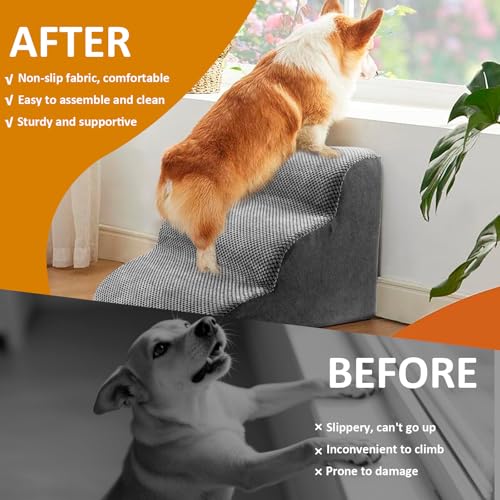 Hunde Treppe Bett 3 Stufen Haustiertreppe 35cm Hoch für Kleine Hunde Hundetreppe mit Waschbarem Bezug und Rutschfestem Boden für Bett Sofa und Auto Bezug Grau aus Hochdichtem Schwamm (grau, M, 3)