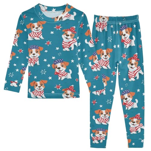 Fustylead Patriotic Jack Russell Terrier and Stars Cotton Pajamas Set 2 Piece Long Sleeve Pjs Sleepwear