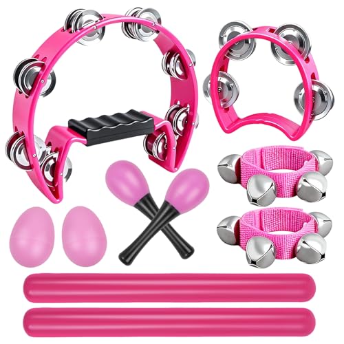 Tambourin demi-lune rose et clochettes de poignet pour rythmer vos fêtes et chants d'église