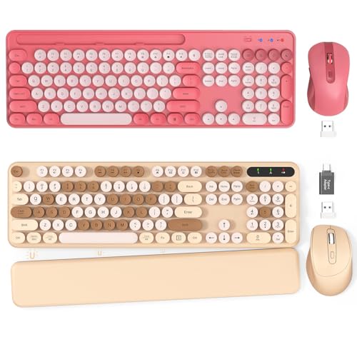 2 Pack Wireless Keyboard and Mouse - Cute Typewriter Keyboard with Retro Round Keycaps, Foldable Legs, 2.4GHz Full-Size Keyboard for PC, Laptop, Windows