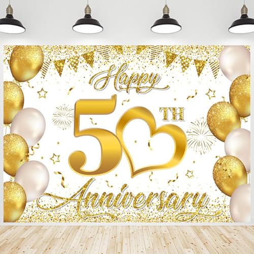 CRTPOD Happy 50th Anniversary Backdrop Glitter Golden White Balloons Ribbons
