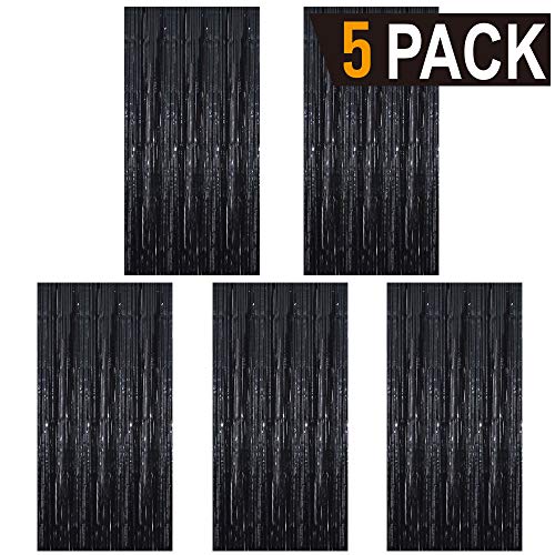 Goer 3.2 Ft X 9.8 Ft Metallic Tinsel Foil Fringe Curtains Party Photo Backdrop Party Streamers For Halloween,Birthday,Graduation,New Year Eve Decorations Wedding Decor (5 Packs,Black) #TOP1
