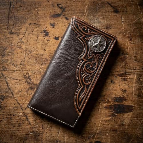 Western Stakes Men's Long Leather Wallet – Western Tooled Bifold Checkbook Organizer with Cowboy Concho (Lonestar, Brown) by Western Stakes - Used condition - Image 4