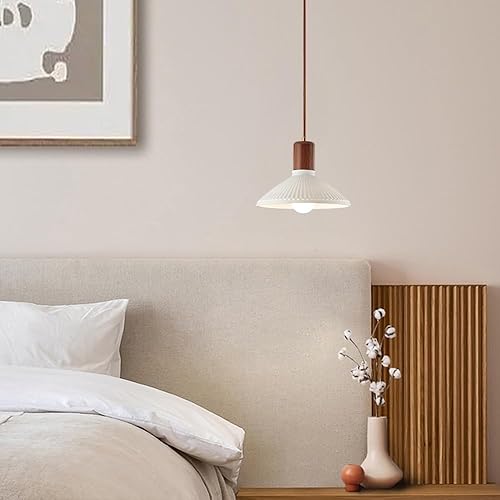 Miniatura 3 de White Ceramic Lampshade Pendant Light Height Adjustable Hanging Light Fixture Modern Vintage Wood Pendant Lamp for Kitchen Island Dining Room