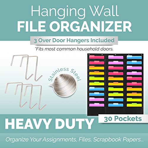 Heavy Duty Storage Pocket Chart For Classroom, 30 Pockets, 5 Overdoor Hangers Included, Hanging Wall File Organizer For Office File Folders, Assignments, Files, Scrapbook Papers & More (Black) #TOP3