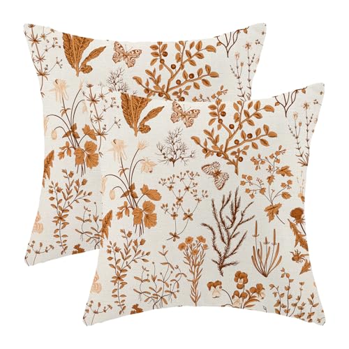 Image of AEIOAE Fall Pillow Covers 24x24 Inch Set of 2,Burnt Orange Wild Flower Plant Throw Pillows Case,Seasonal Floral Outdoor Decorative Square Linen Farmhouse Decor Cushion Covers for Home Sofa Bed Couch