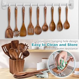 Wooden Spoons for Cooking Acacia Wood Cooking Utensils Set–11 Piece Wooden Kitchen Tools with Holder Spoon Rest Nonstick Cookware Safe by HOWHONG