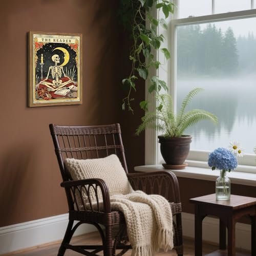Image of Framed The Reader Tarot Canvas Wall Art, Skeleton Reader Tarot Card Pictures Wall Decor, Bookish Witchy Library Poster Print Artwork for Witchy Reading Nook Book Lover Gift 12x16 inch