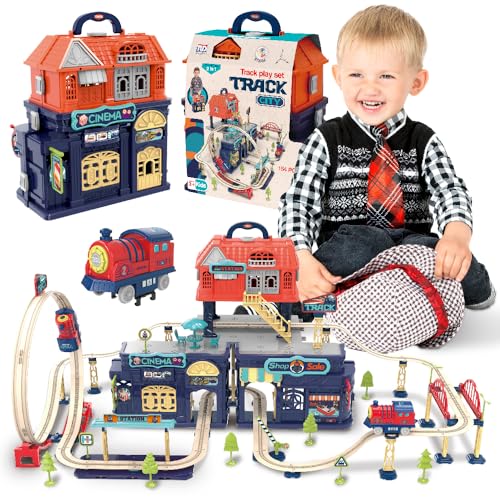 sun baby Circuito con Locomotora eléctrica para niños Desde 3 años - Juguete con Bucle, viaducto, Puente, Barrera, Edificios de estación de ferrocarril, Cine y Tienda