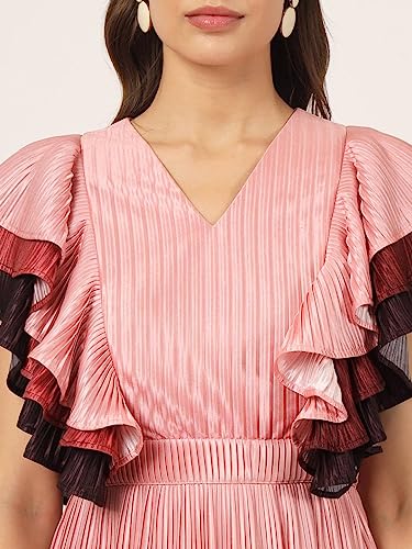 Image of BEATNIK Satin Ruffled Sleeves Self Peach Puff Women Dresses