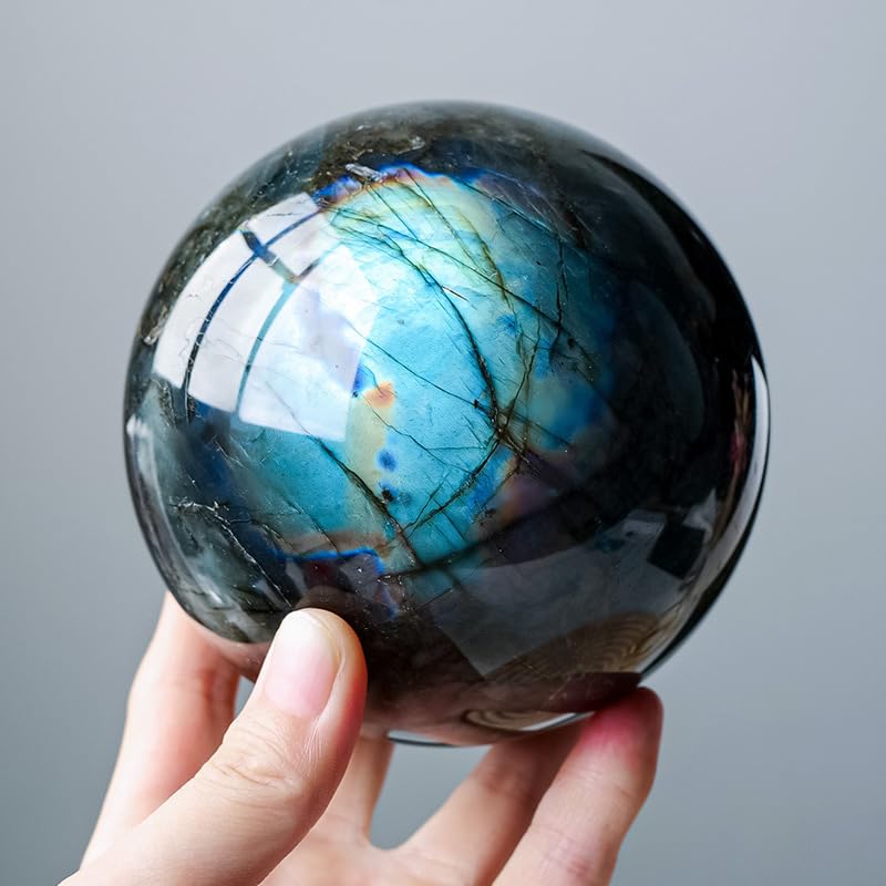 NIBHZ Boule de Cristal de Labradorite avec Support, sphère de Cristaux naturels, Boule de Pierres précieuses, méditation, Sorcellerie, décoration de Maison,80mm