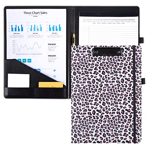 Leather Clipboard-Folder Leopard Folio - w/ Interior Storage Pocket, Pen Loop, A4 Notepad Pocket & Card Slot, Foldable Storage Clipboard Padfolio for Office School Clinic, Women Portfolio Resume