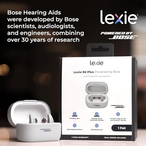 Lexie B2 Plus Hearing Aids Powered by Bose + Free 6-Month Lexie Club Subscription – Rechargeable, Rechargeable Case, App-Controlled, Self-Fit, Noise Reduction, Bluetooth® for Calls & Streaming (Gray)